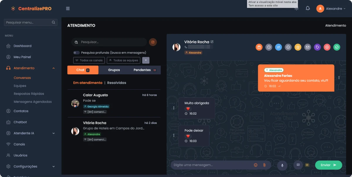 Inbox omnichannel CentralizePRO — conversas em tempo real
