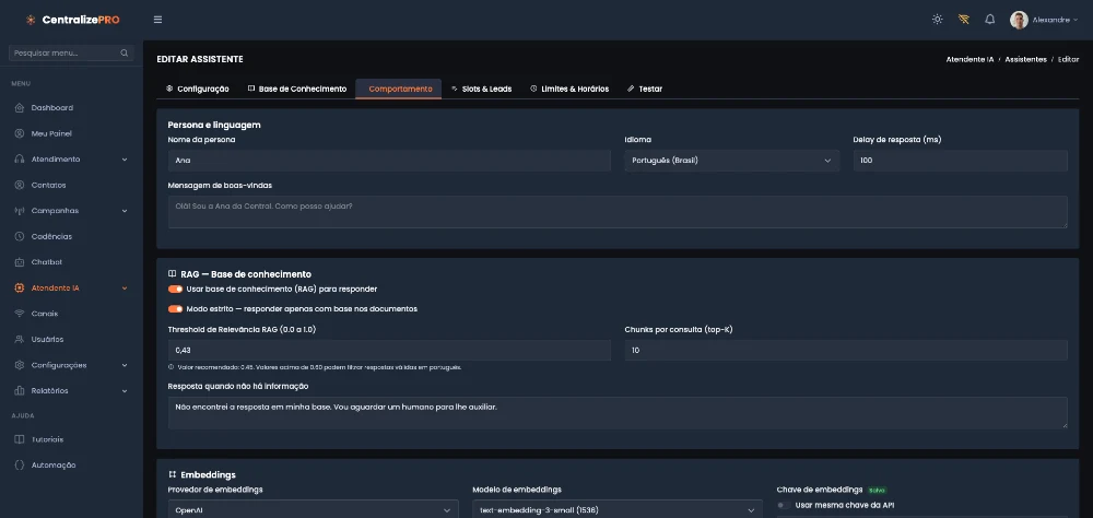 Atendente de IA CentralizePRO — configuração de assistente com RAG