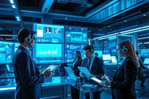A cena de atendimento ao cliente em um ambiente digital colaborativo.