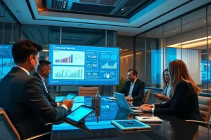Cena de reunião de negócios focada em atendimento omnichannel.