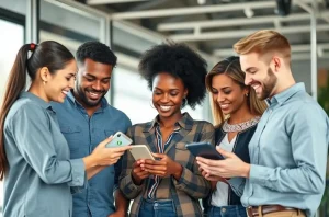 Membros da equipe diversos trabalhando juntos para implementar soluções de atendimento ao cliente com WhatsApp.
